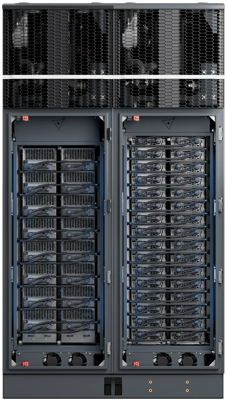 DC Power Unit with doors open: two bays of liquid-cooled power modules, 32 in total