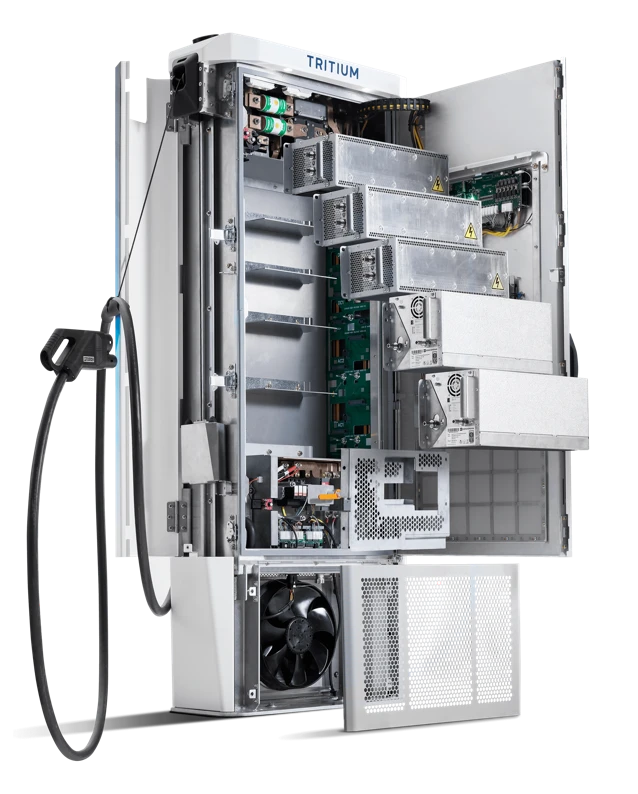 RTM75 with door open: three DC:DC modules and two AC:DC modules staggered out of the cabinet