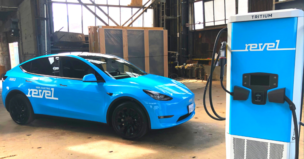 Revel rideshare alongside a Revel-branded Tritium RTM DC fast charger