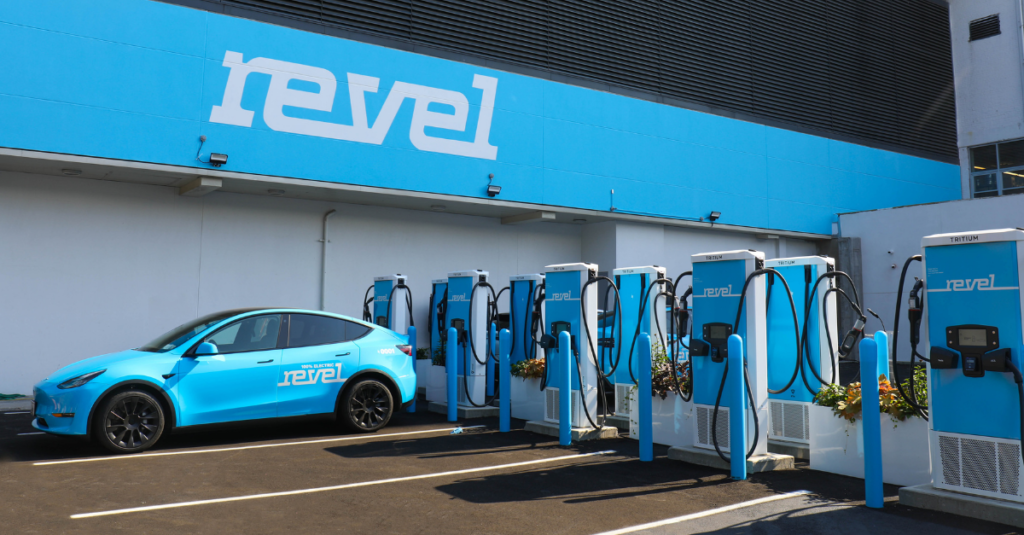 Photo of the Revel Superhub, powered by 25 of Tritium's 75kW RTM fast chargers